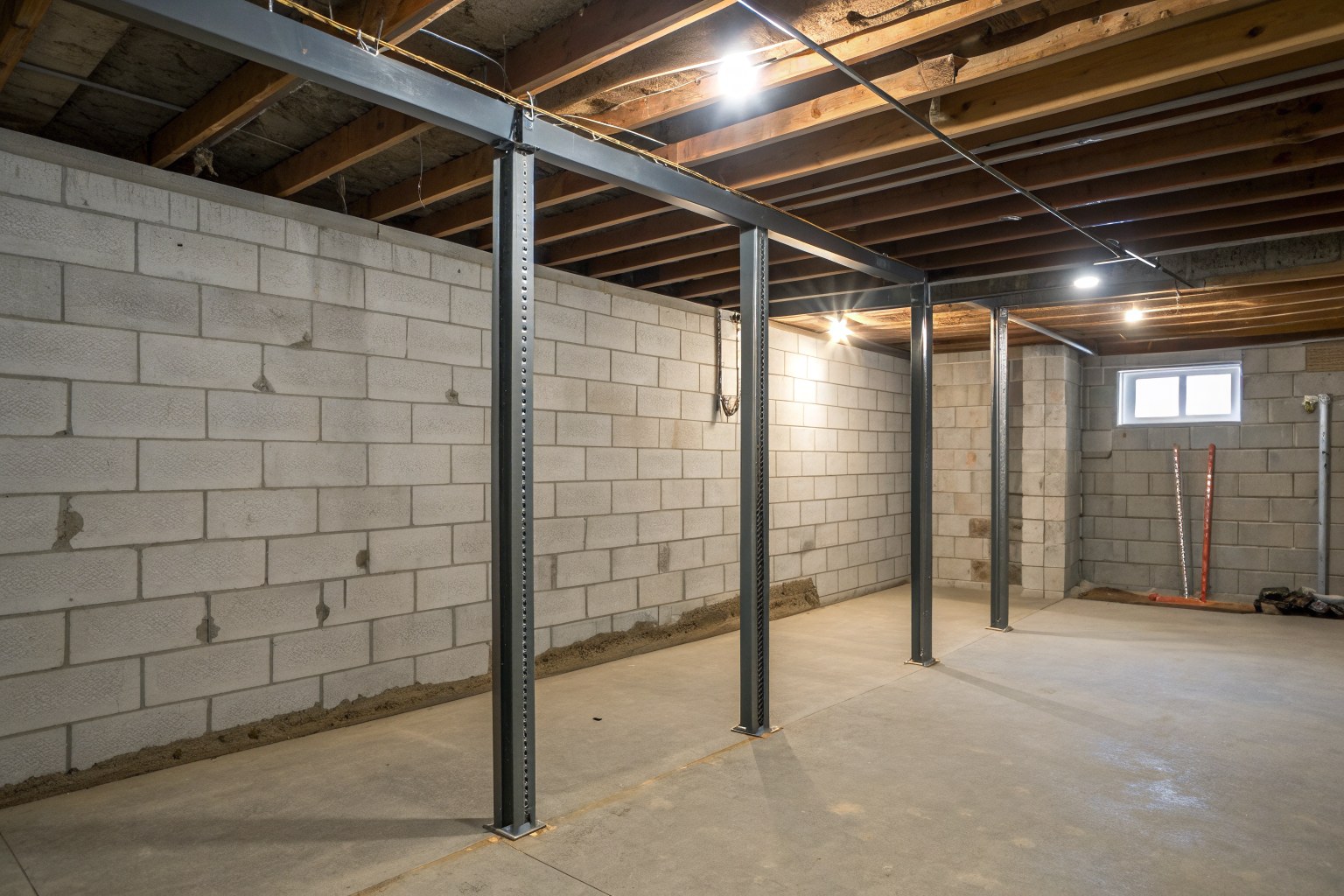Steel I-beam braces standing against a concrete block basement wall