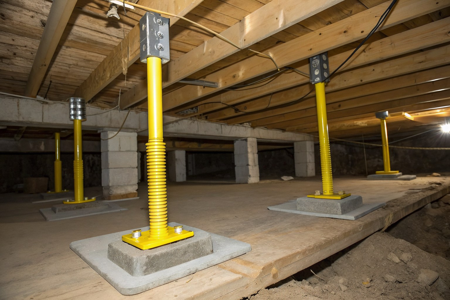 Yellow steel jack posts holding up a wood beam in a crawl space