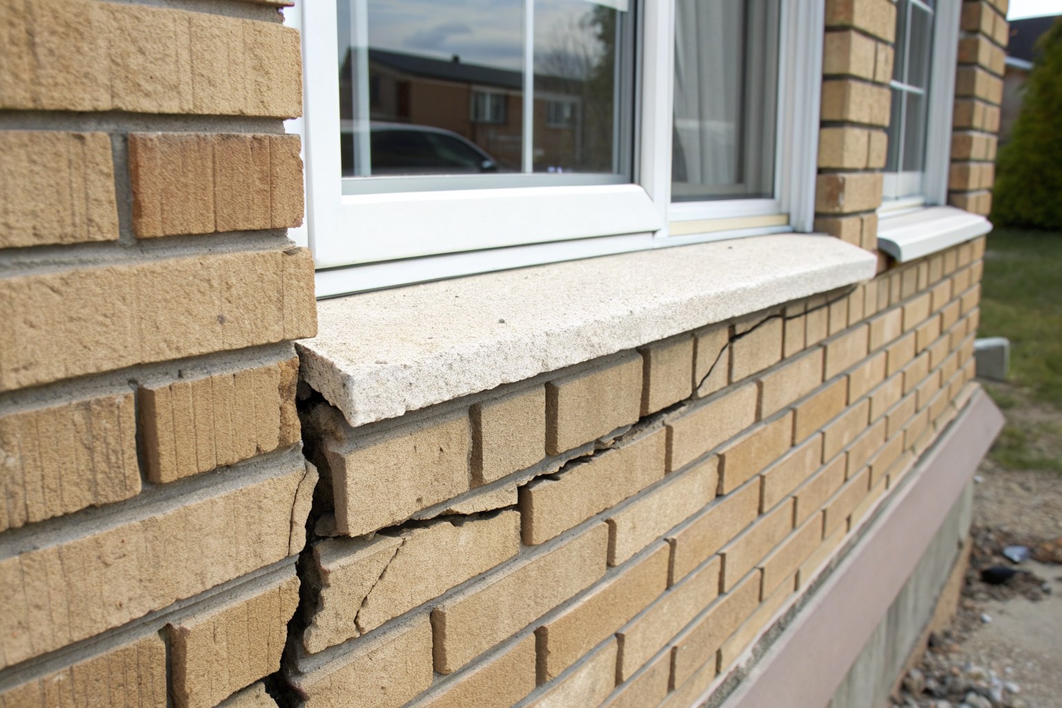 Stepped crack through tan brick veneer below a window sill