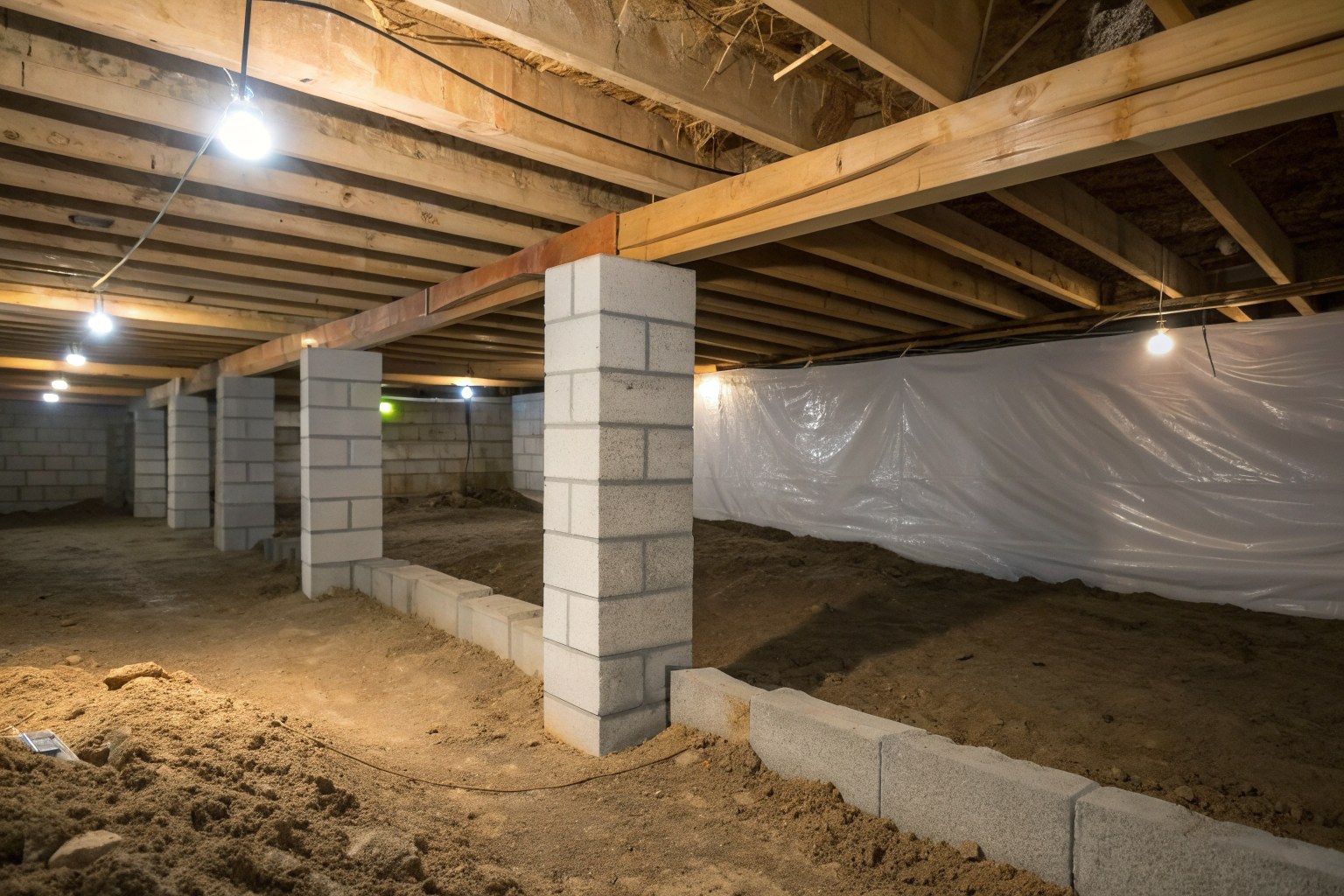 Crawl space with concrete block piers under wood girders and a white vapor barrier over the ground