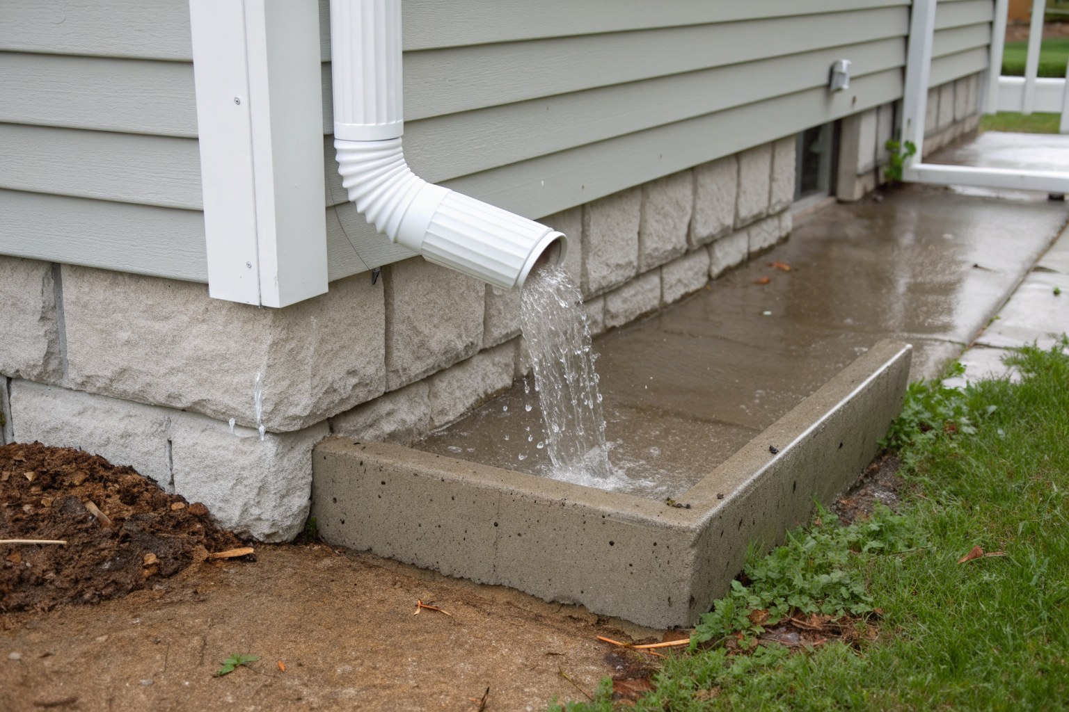 White downspout emptying onto a concrete splash block beside vinyl siding