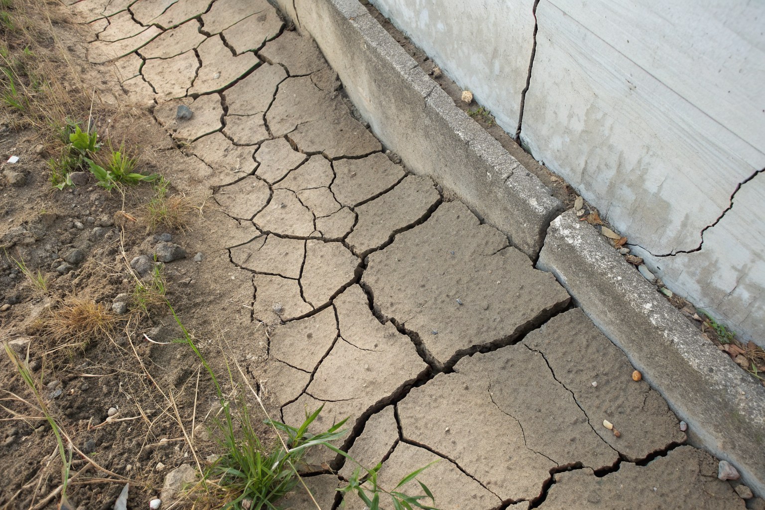 Dry gray-brown clay soil split into cracks against a concrete foundation wall