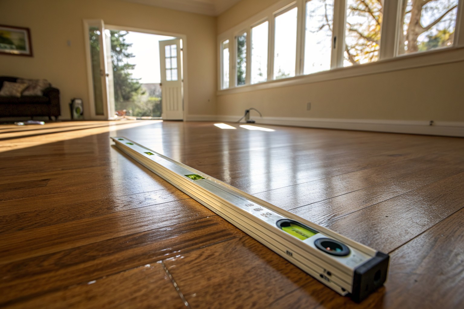 Spirit level lying on a hardwood floor