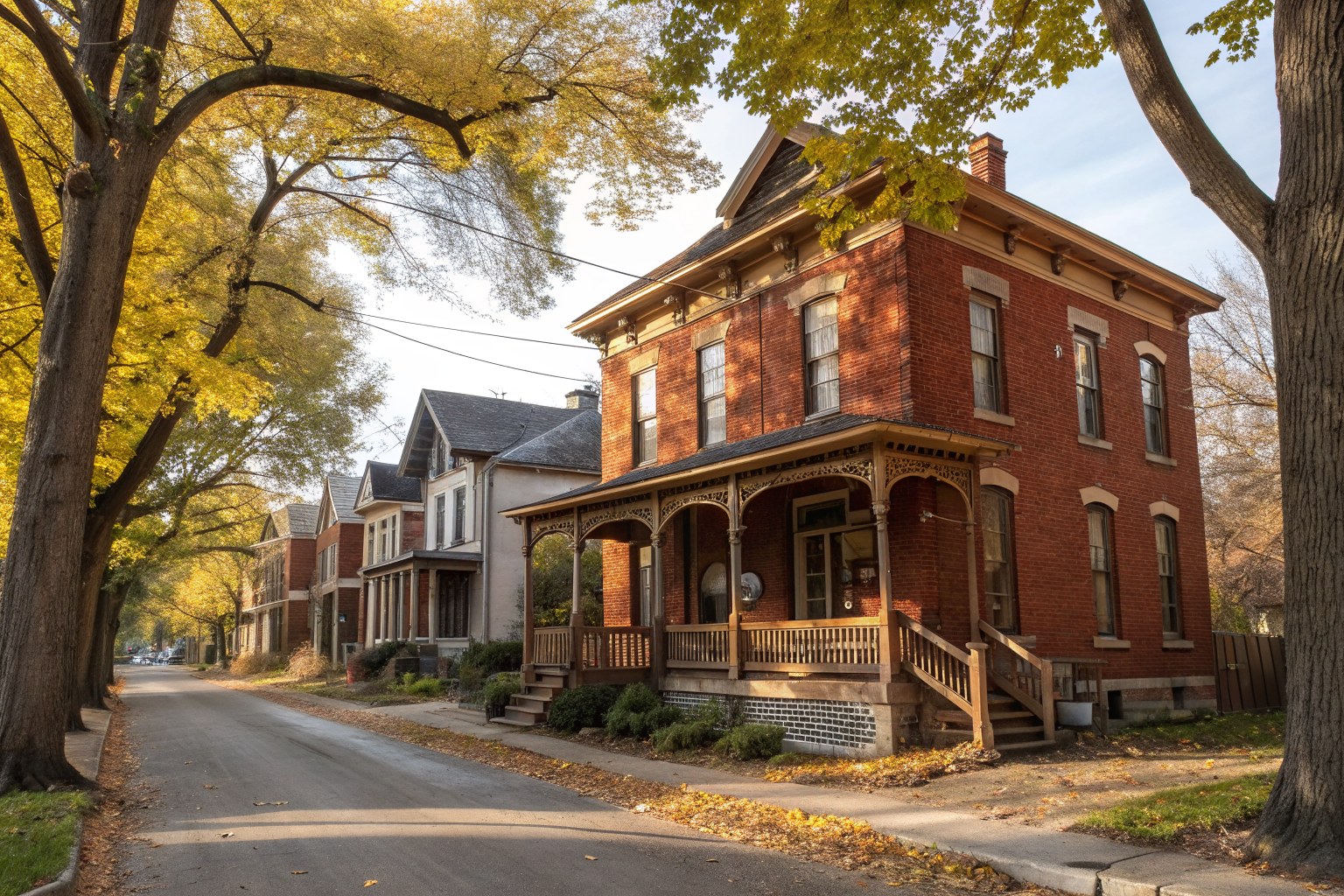 Two-story red brick Italianate house with a wood front porch on a tree-lined street
