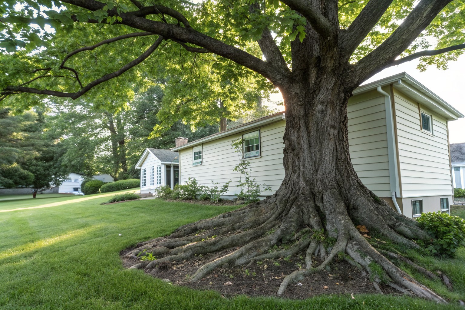 Large maple tree with thick surface roots spreading toward a vinyl-sided house