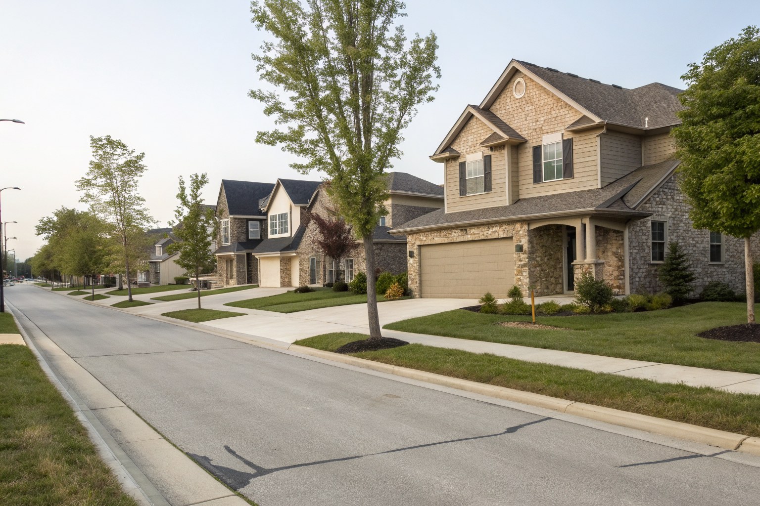 Street of newer two-story homes with stone accents and young trees