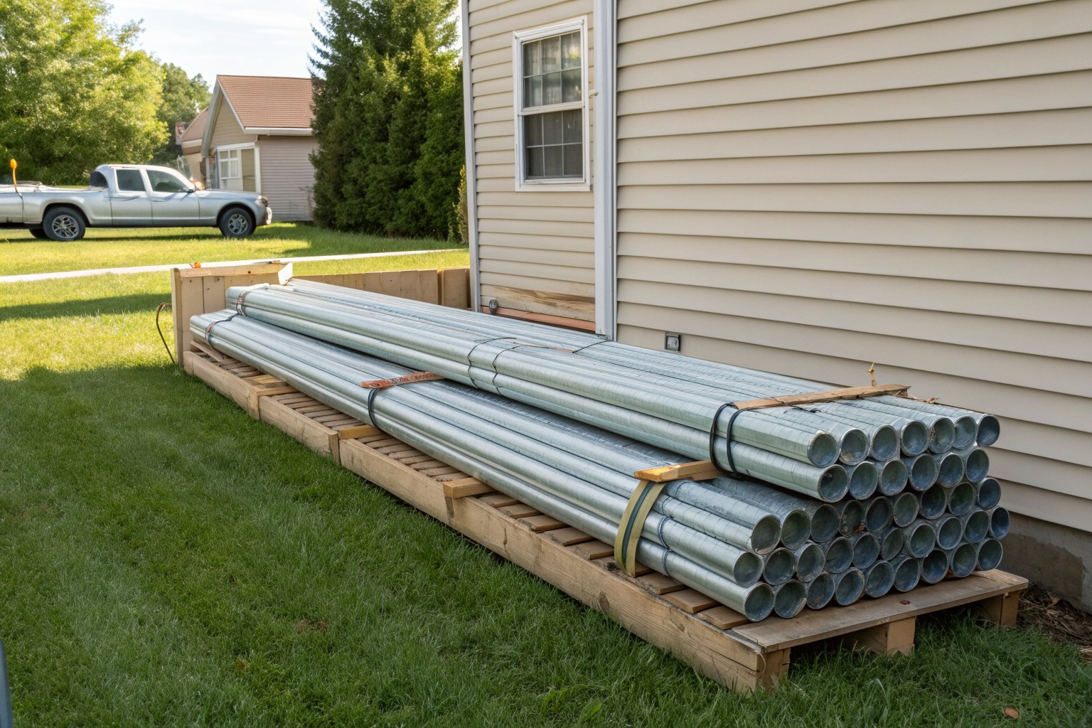 Bundles of galvanized steel pier pipe strapped on a wooden pallet beside a beige vinyl-sided house