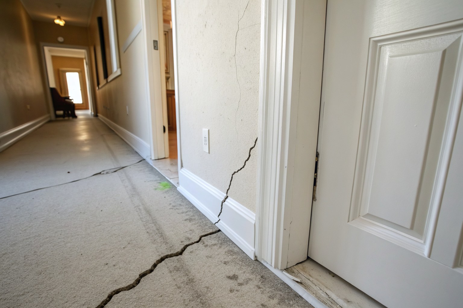 Crack running across a painted drywall hallway wall beside a white door frame