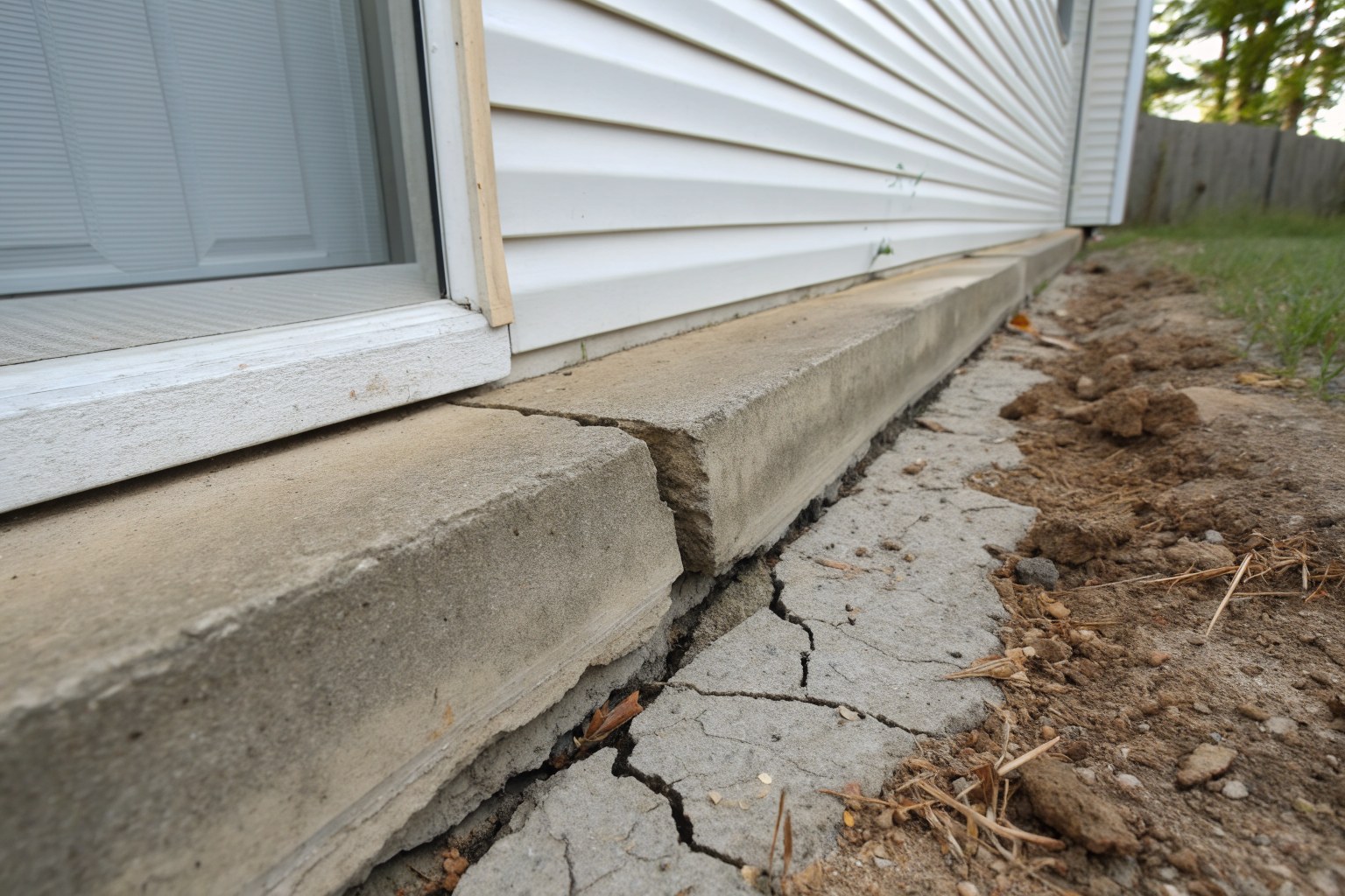 Gap opened between the edge of a concrete slab and cracked, dry soil