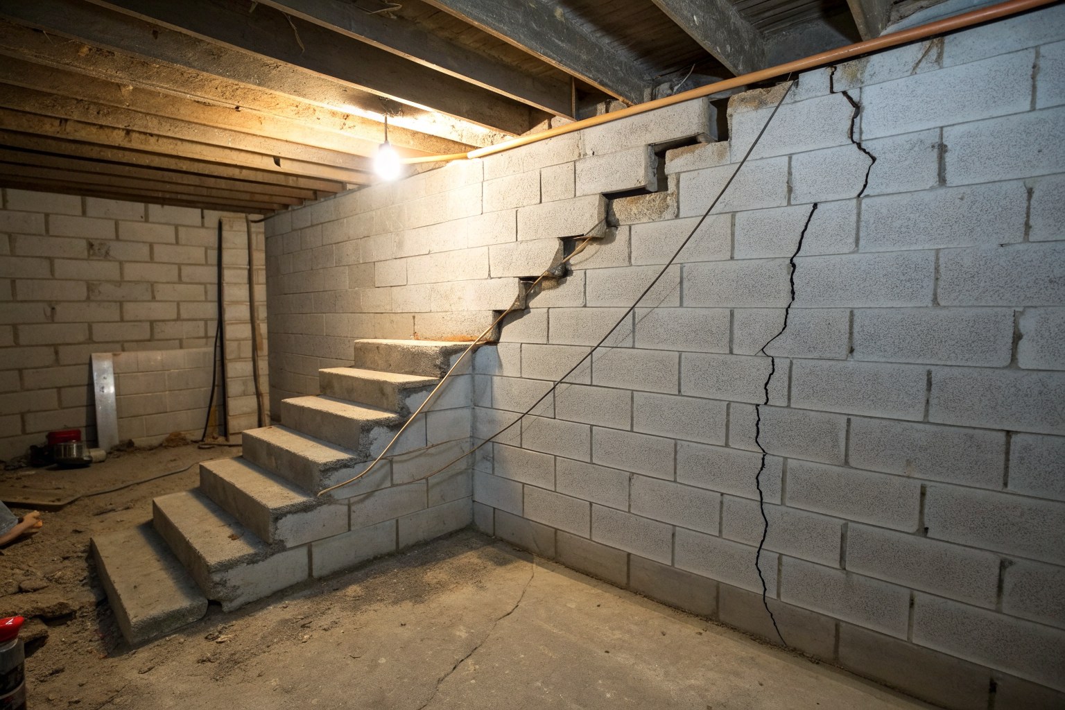 Stepped crack running through the mortar joints of a concrete block basement wall