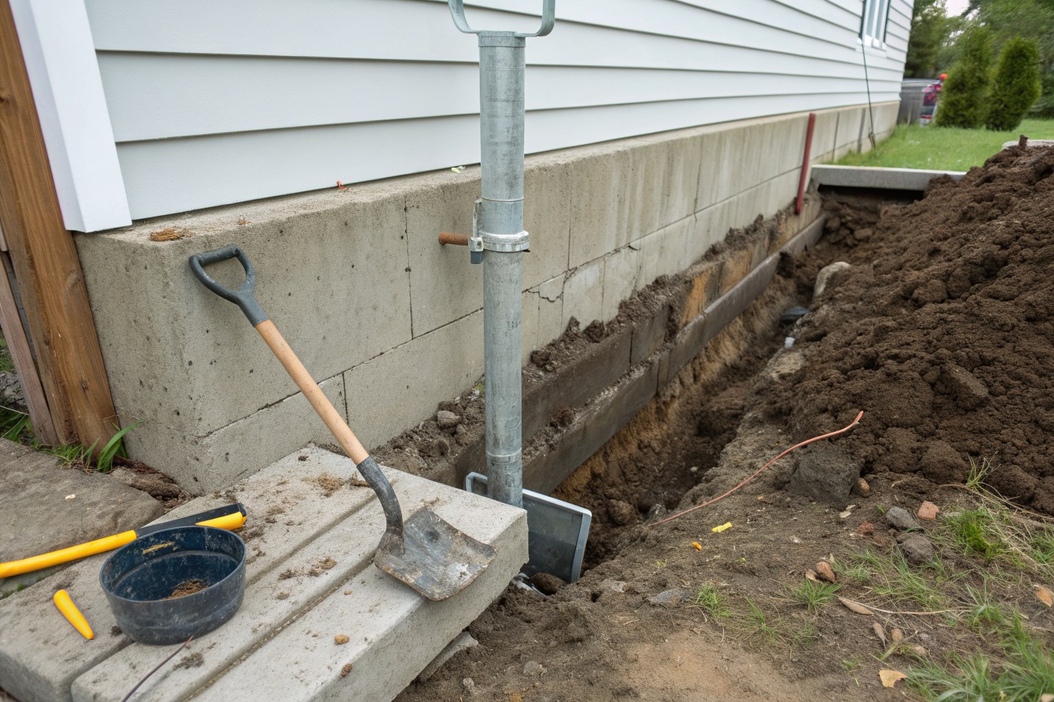 Trench dug along a house footing with a steel pier bracket and a shovel