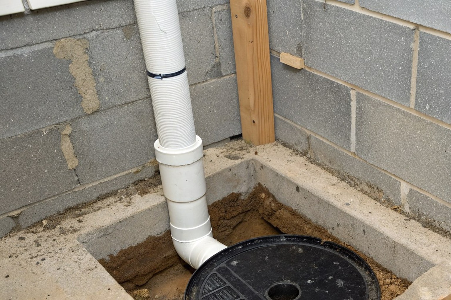 Sump pit with a black lid and white PVC discharge pipe beside a concrete block basement wall