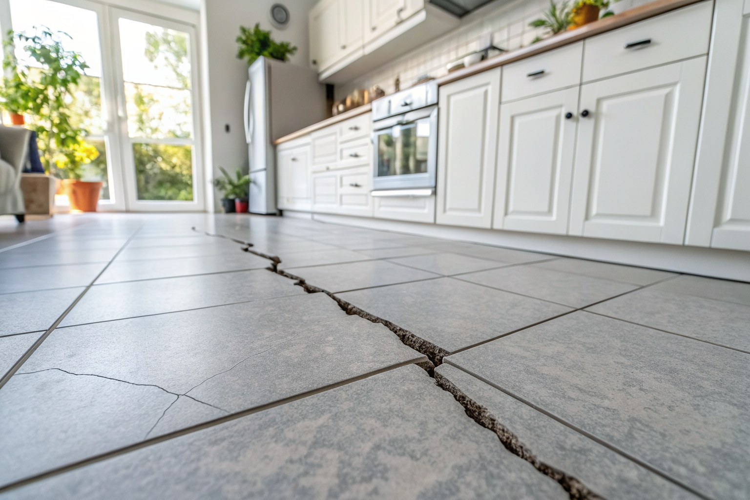 Cracked gray floor tile in a white kitchen