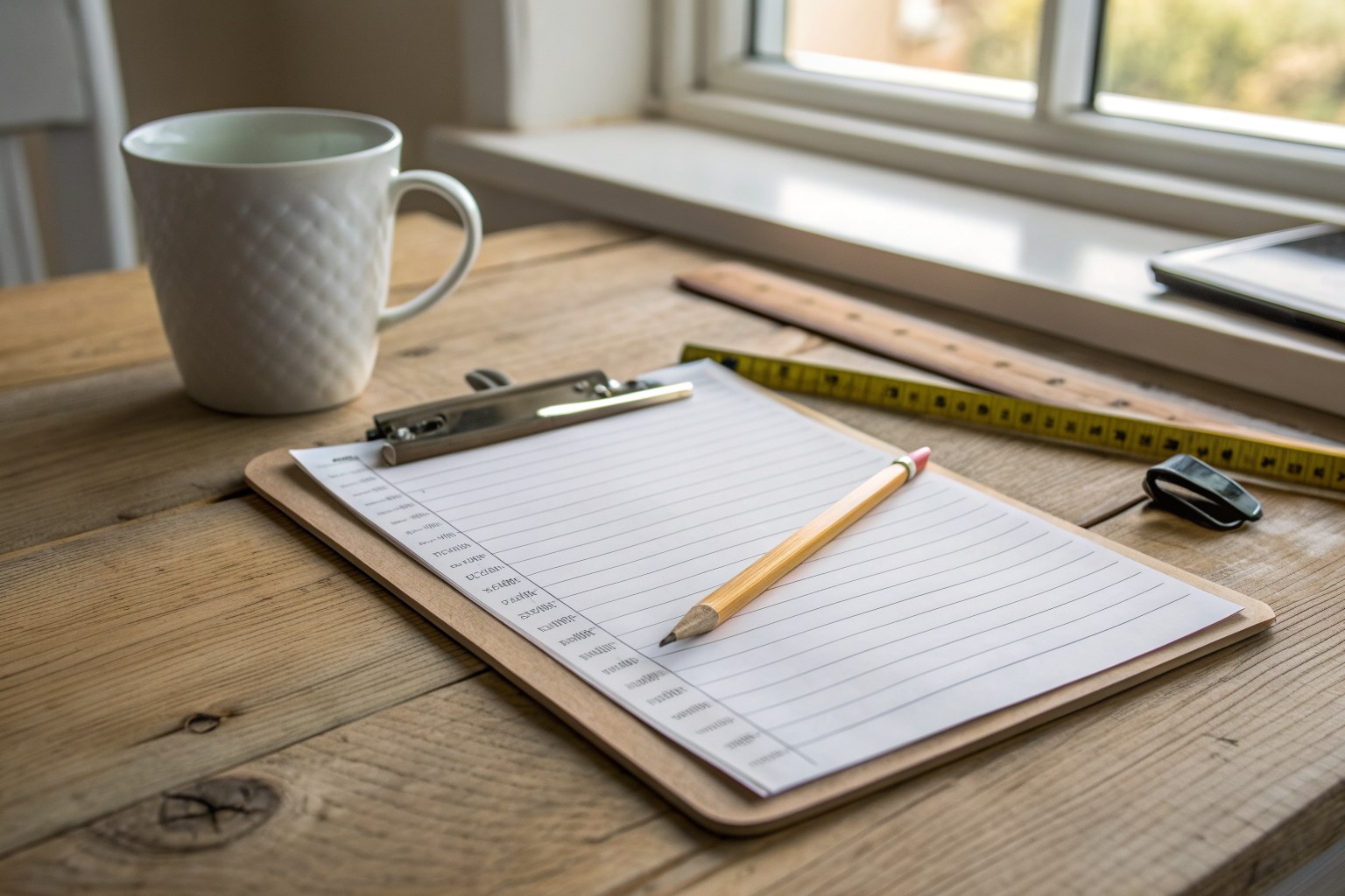 Clipboard with a blank lined form and a pencil on an oak table beside a coffee mug and a tape measure