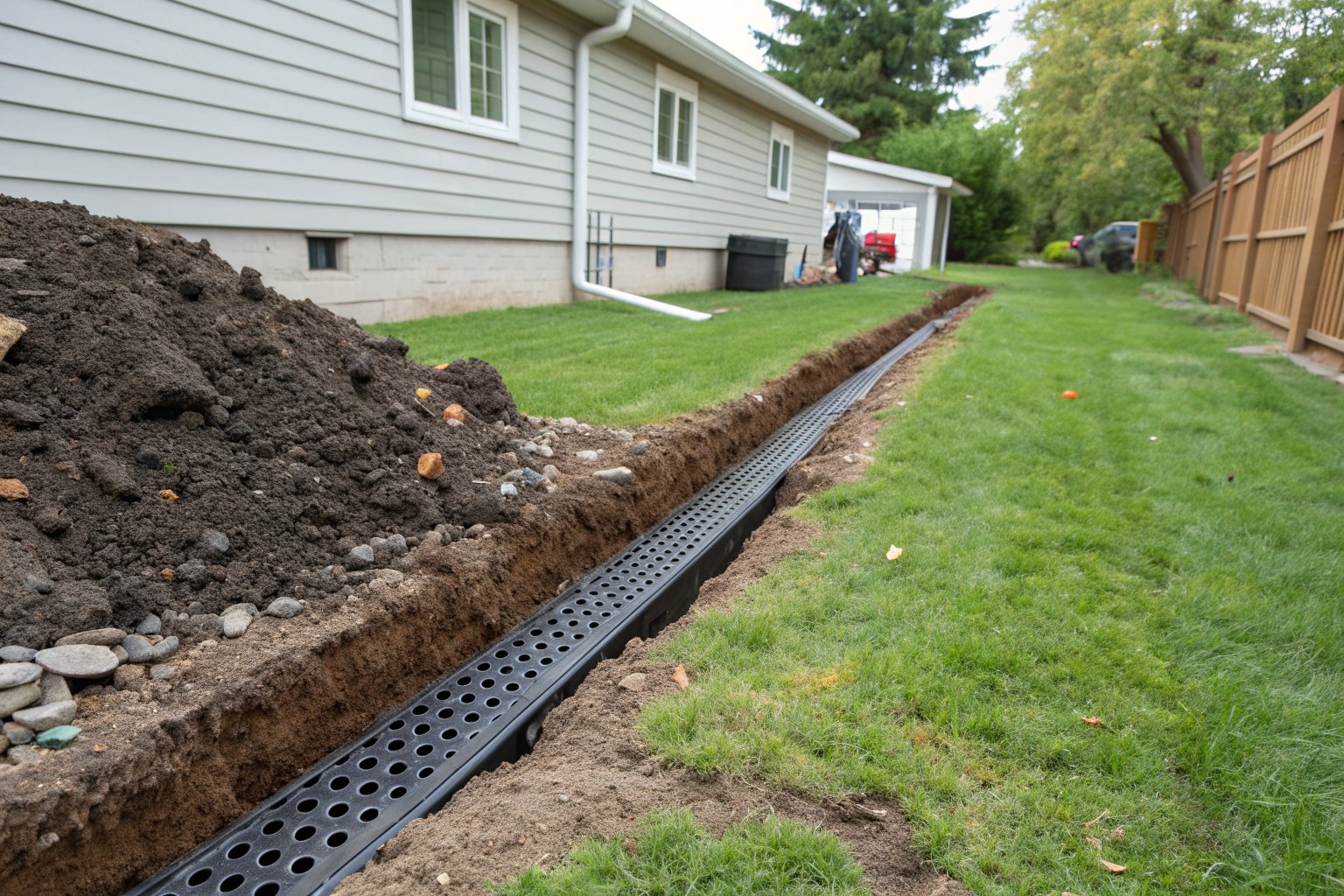 Gravel-lined trench with black perforated drain pipe running across a backyard lawn